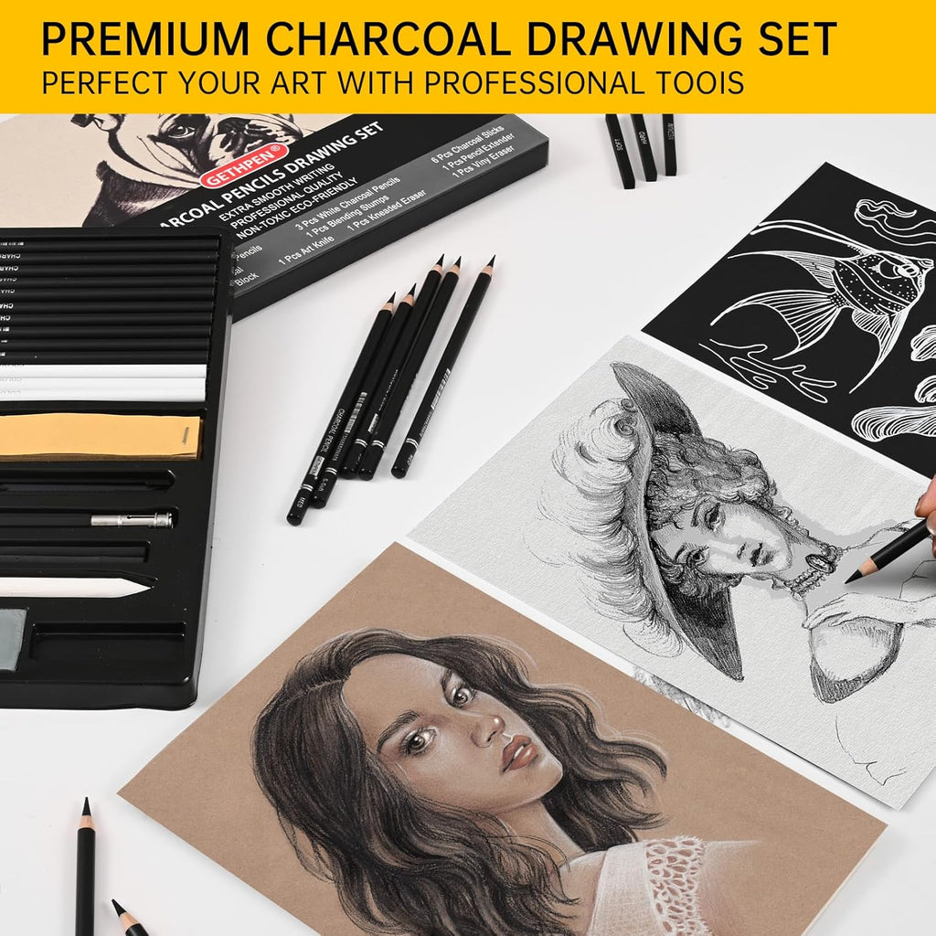 27 Piece Charcoal Drawing Set - Professional Black & White Charcoal Pencils for Sketching, Shading & Blending, Graphite Sticks with Artist Art Supplies Kit (Beginners & Professionals)