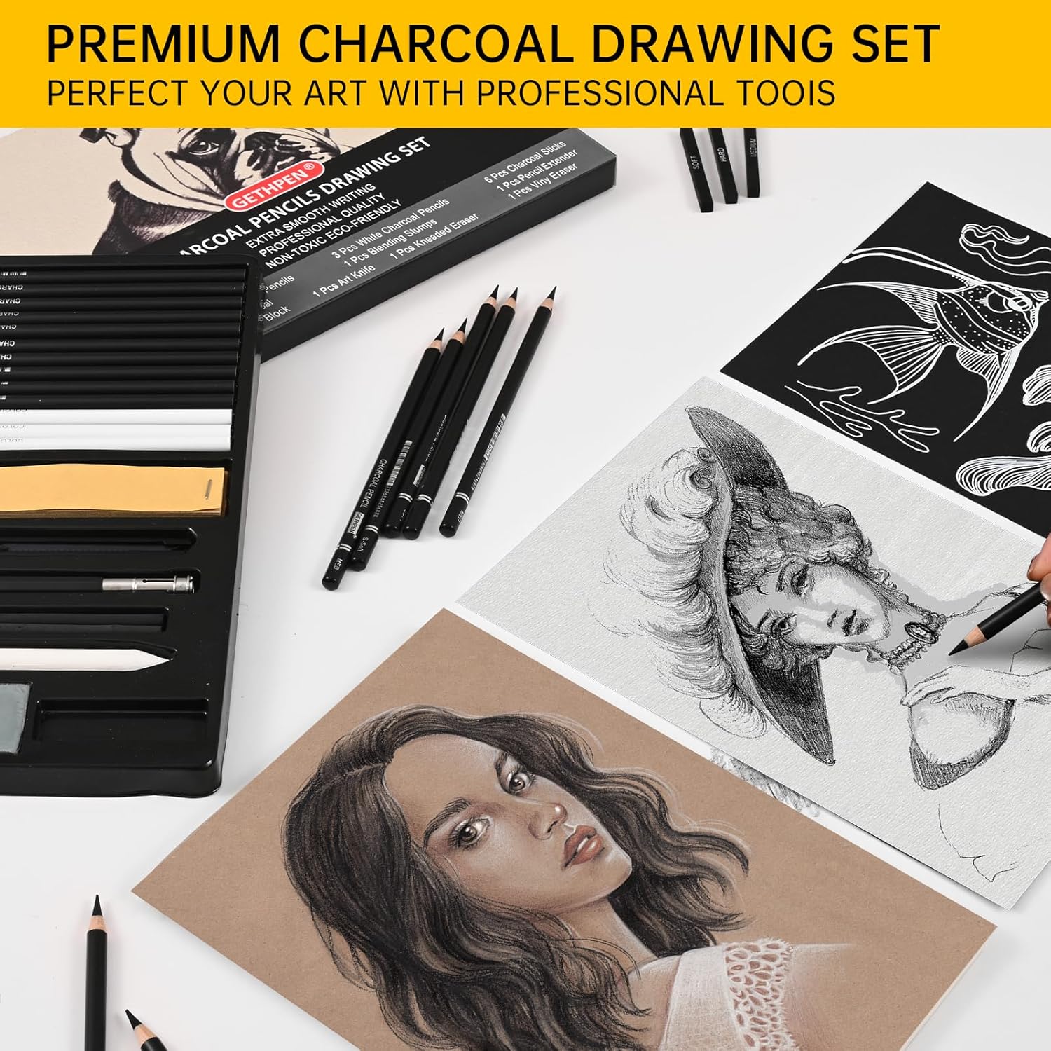 27 Piece Charcoal Drawing Set - Professional Black & White Charcoal Pencils for Sketching, Shading & Blending, Graphite Sticks with Artist Art Supplies Kit (Beginners & Professionals)