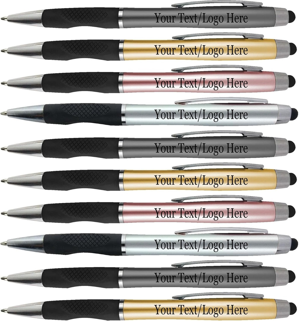 Personalized Pens With your Custom Logo or Text-300 Pack Bulk-for Businesses, Parties, and Events, 2 in 1 Ballpoint Pen + Capacitive Stylus for Touchscreen Devices, Light Assorted Barrels, Blue Ink