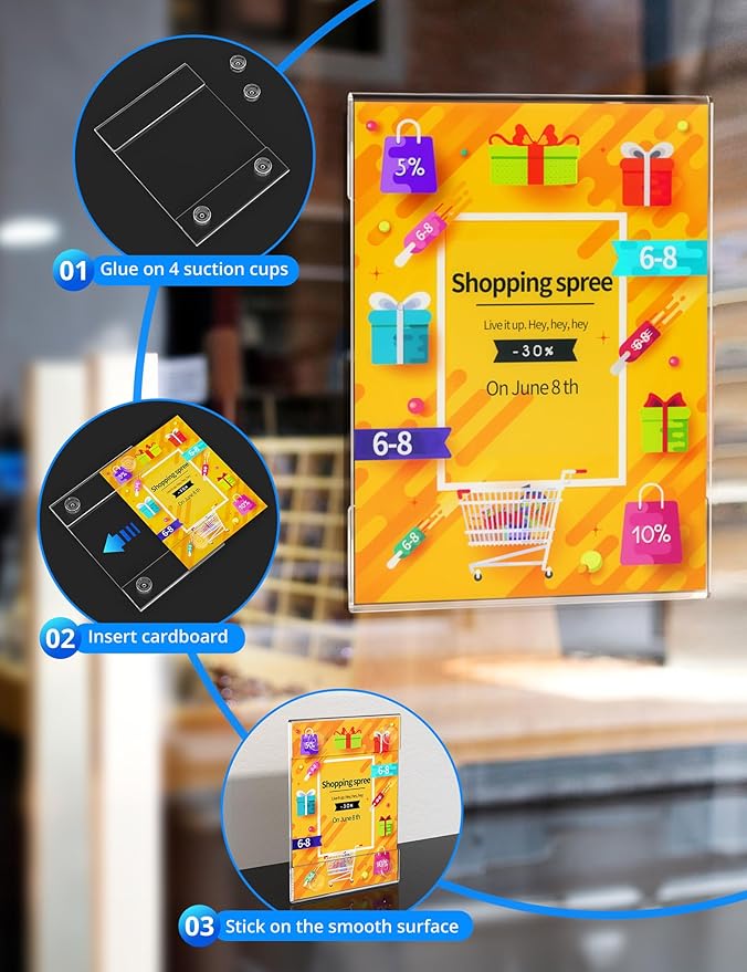 NIUBEE Acrylic Window Sign Holder with Suction Cup 8.5 X 11, Clear Acrylic Frames Glass Door Wall Mount Advertising Signage Sign Holder for Mall, Office, Home, Store, Restaurant(12 PACK)