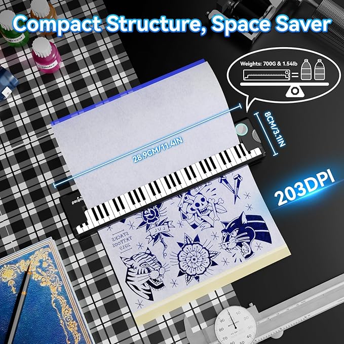 P90-Pino Wireless Tattoo Stencil Printer, Thermal Tattoo Machine with Inkless Tech, Inspired by Piano Design Portable Tattoo Printer Kit Compatible with Phone, Pad & PC