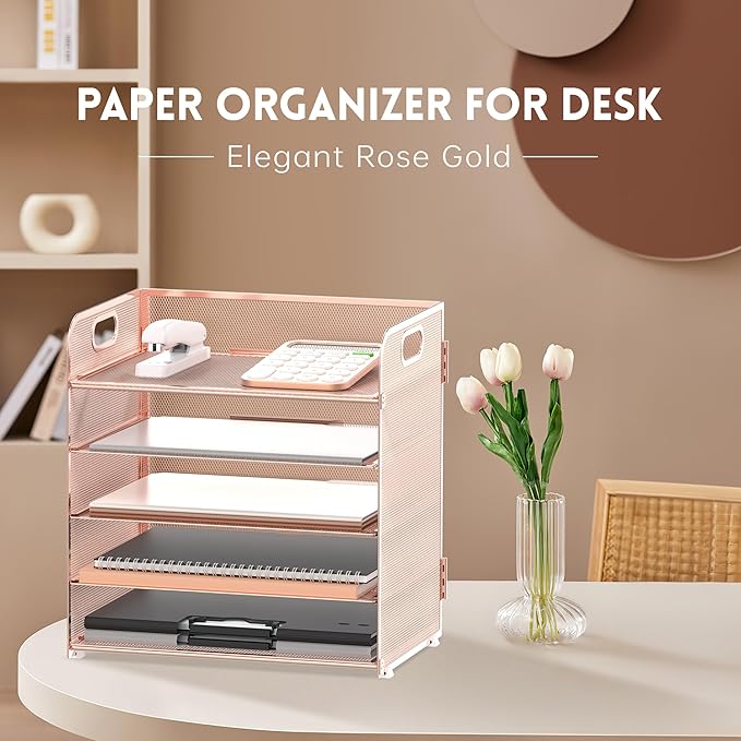 Supeasy 5 Trays Paper Organizer Letter Tray with Handle-Mesh Desk File Organizer, Paper Sorter Desk Organizer for Office, Home or School (Rose Gold)