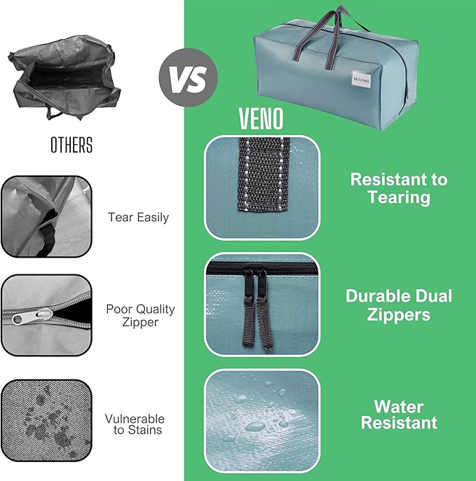 VENO 2 Pack Moving Bags w/Backpack Straps, Moving Boxes & Storage Bins Alternative, Packing Supplies, Camping Accessories Totes, Dorm Room Essentials Storage Bags (Shiny Light Blue, 2 Pack)