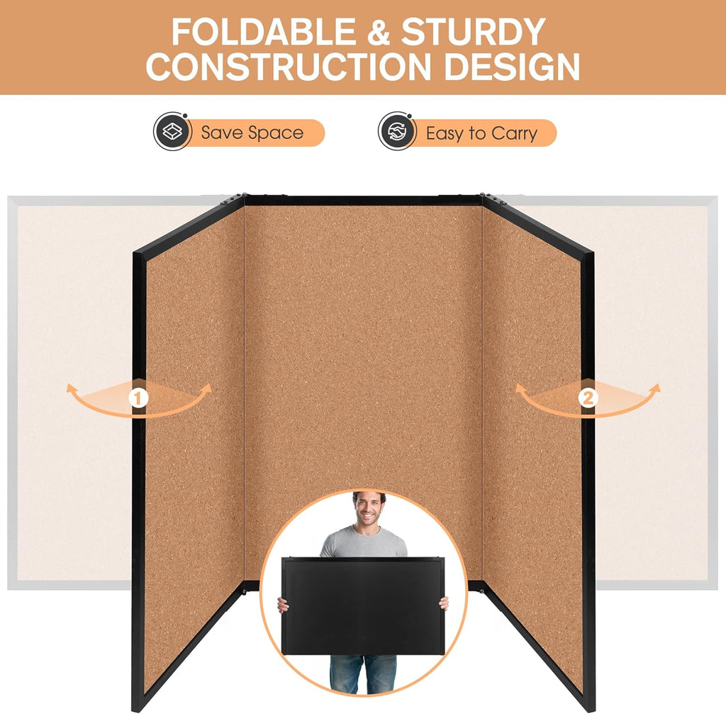 Board2by Extra Large Cork Bulletin Board 96" X 48", Foldable Notice Pin Board for Wall, Black Woodm Framed 8'x4' Corkboard, Wall Mounted Noticeboard with 32 Push Pins for School, Home & Office
