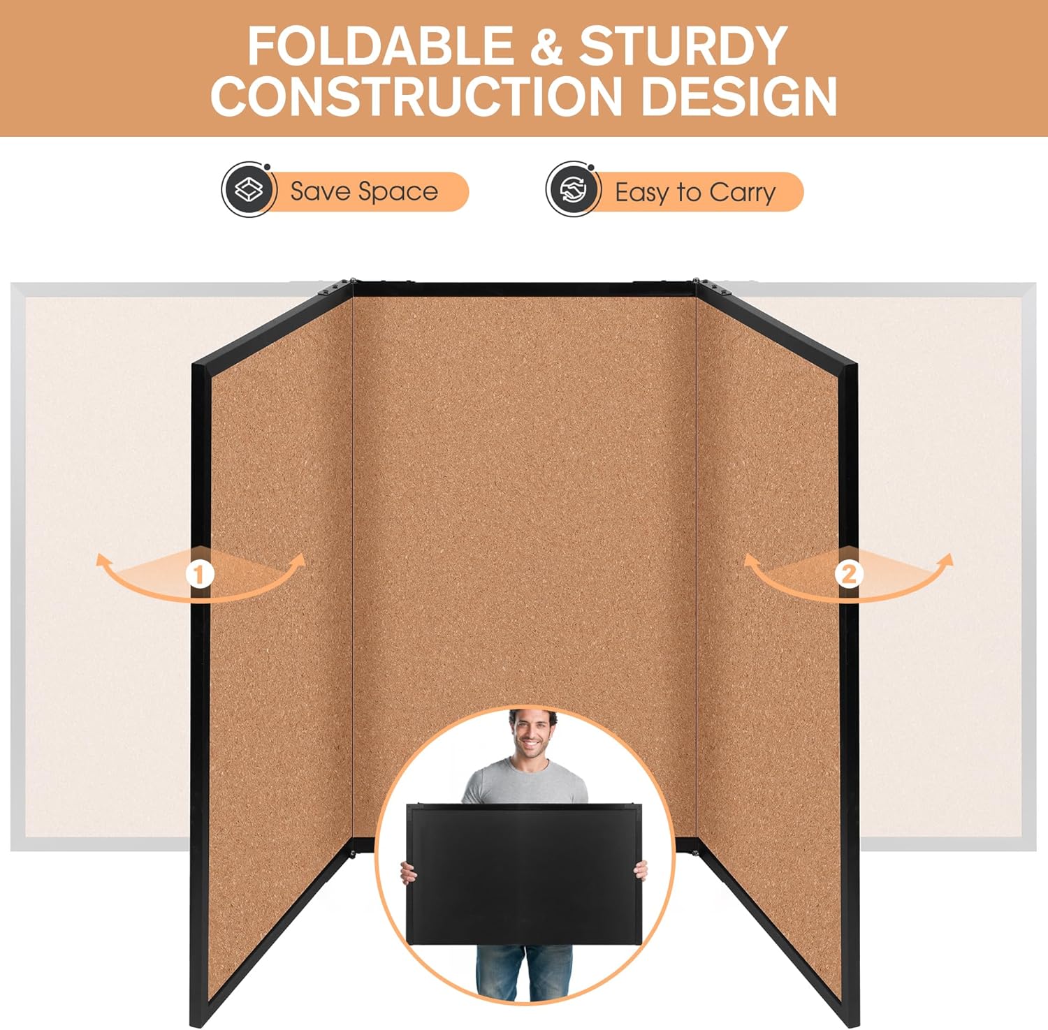 Board2by Extra Large Cork Bulletin Board 96" X 48", Foldable Notice Pin Board for Wall, Black Woodm Framed 8'x4' Corkboard, Wall Mounted Noticeboard with 32 Push Pins for School, Home & Office