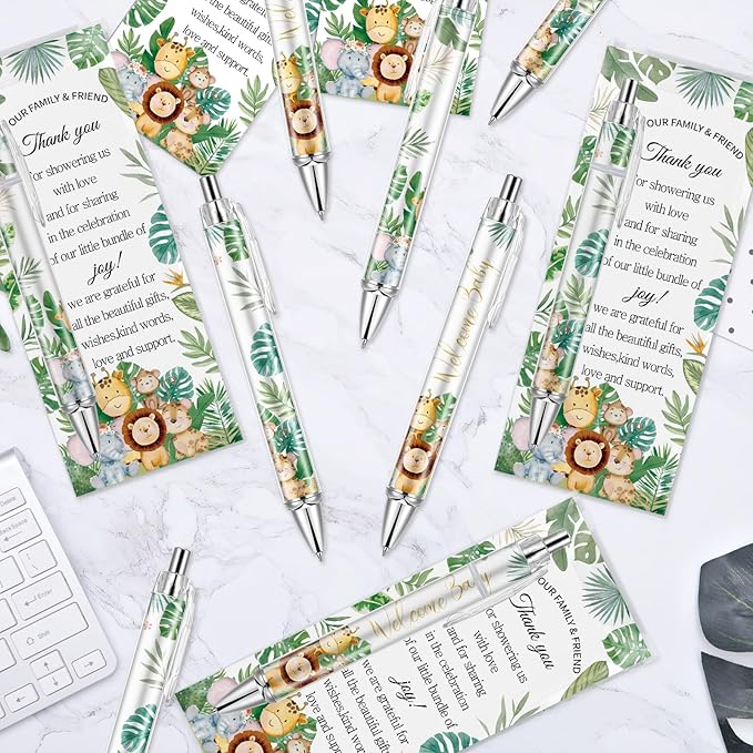 50 Sets Pen Baby Shower Favors Gifts for Guests Includes 50 Rolling Paper Ballpoint Pens and 50 Greeting Thank You Bookmarks Baby Shower Party Favors (Safari)