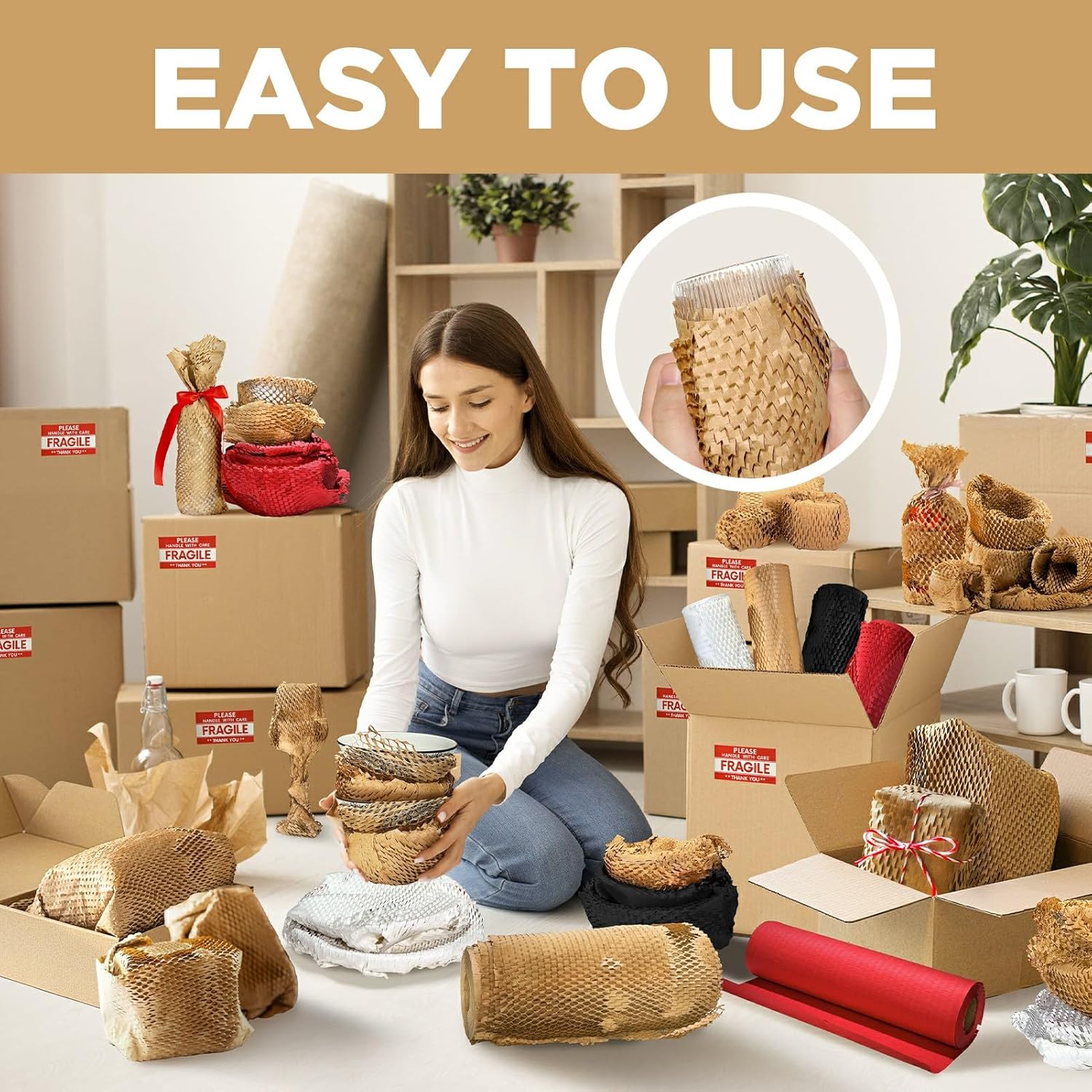 Honeycomb Packing Paper, 12"x100' Brown | Perforated Honeycomb Packing Paper Recyclable Moving Supplies for Shipping & Moving | Plastic-Free Alternative to Bubble Cushion Wrap with 36 Fragile Stickers