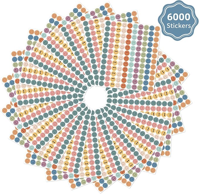 6000 Pieces Boho Happy Smile Face Stickers for School Reward Behavior Chart,3/8 Inch in Diameter Round Bohemian Style Reward Labels 10 Styles Happy Face Stickers for Teachers (50 Sheets)