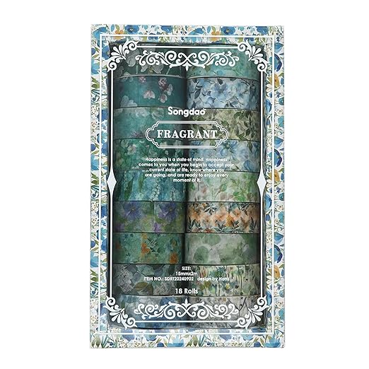 18 Rolls Blossom Washi Tape Set Floral Arts Adhesive Tapes Flowers Garden Decorative Masking Tape Sets for Craft, Kids, Scrapbook, DIY, Gift Wrapping (Ocean Breeze)