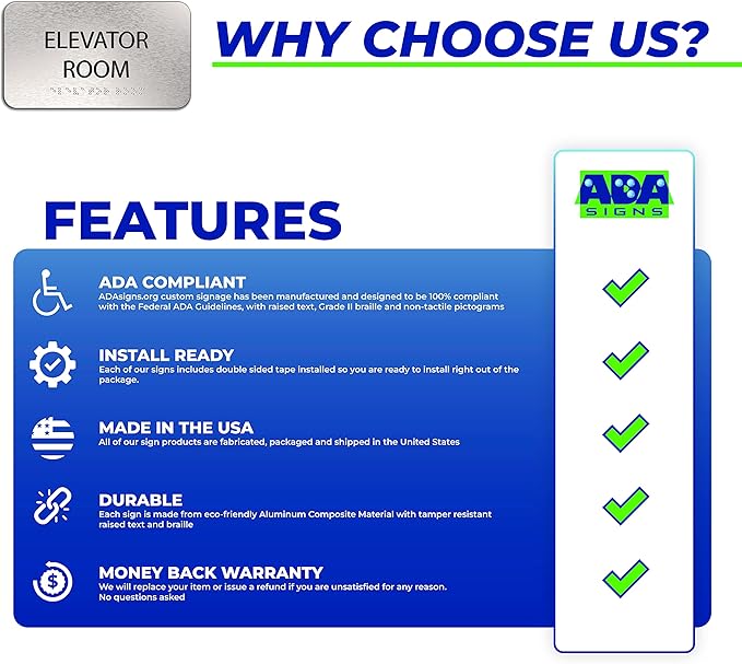 ADA Elevator Room Sign for Business - Office Signs, Aluminum Brushed Silver, Tamper-Proof, Heavy Duty Mounting Tape, Easy Install, Office Décor, ADA Compliant, Grade 2 Braille (7” W x 4” H) ADASigns.org