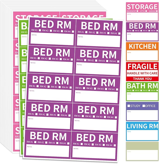 340 Home Moving Labels, 3.4 x 2 inches, 8-Color Coded Packing Box Stickers with Fragile and Blank Customizable Labels