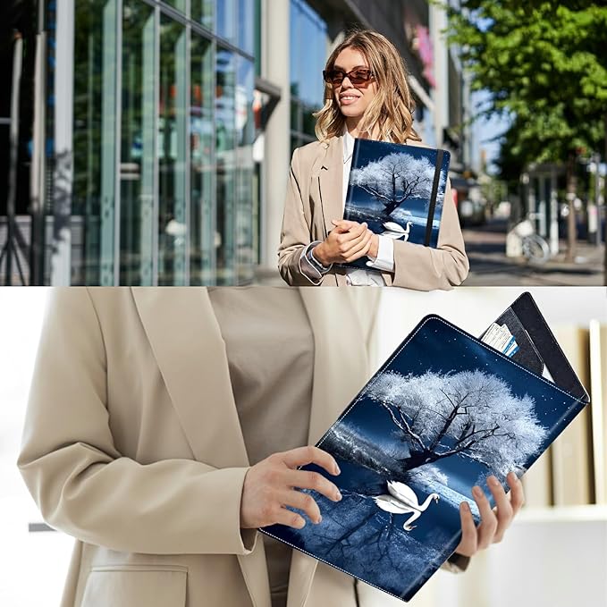 PU Leather Padfolio Clipboard Notepad with Pen Loop and Elastic Strap Interview/Resume Document Organizer for Business School Office,Swan and Tree