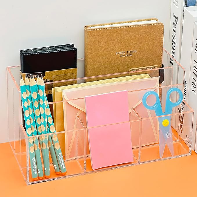 Mail Organizer, Mail Holder with 5 Slots, Modern Mail Sorter Basket for Countertop, Acrylic Desktop Bill Letter Envelope Holder, Clear