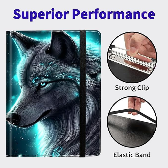 Wolf Padfolio Folder with Clipboard,Portfolios Organizer Clipboards with Storage Clipboard Writing Pad PU Leather Conference Document Organizer with Business Card Holder