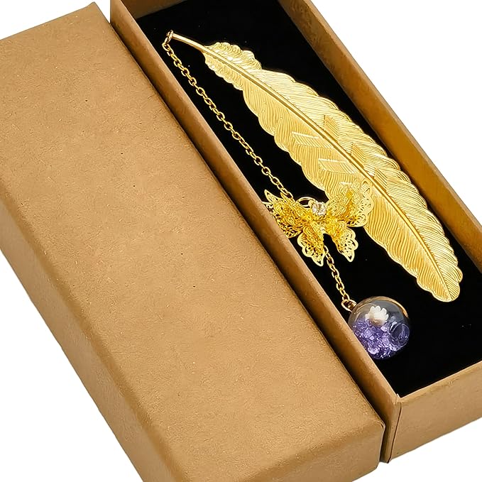 Metal Feather Bookmarks Set - Perfect Teacher & Book Lover Gifts for Birthday, Christmas, and Appreciation - Elegant Stocking Stuffers for Women and Girls (Golden.Purple White Flower)