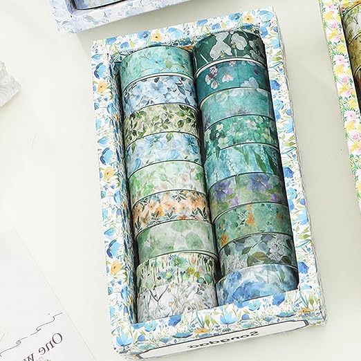 18 Rolls Blossom Washi Tape Set Floral Arts Adhesive Tapes Flowers Garden Decorative Masking Tape Sets for Craft, Kids, Scrapbook, DIY, Gift Wrapping (Ocean Breeze)