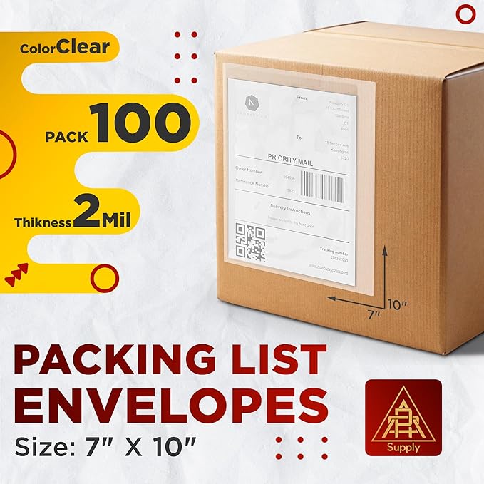 APQ Clear Top Loading Packing List Envelopes, 7 x 10 Inches. 100 Pack Packing Slip Envelope Pouches. Self-Seal Plastic Shipping Label Pouches. Durable Packing List Mailing Envelopes for Documents