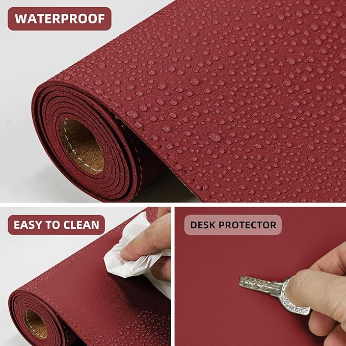 Desk Mat 47" x 23.7" Leather Desk Pad Protector with Natural Cork & PU Leather, Non-Slip Office Desk Mat, Double-Sided Large Mouse Pad, Waterproof Desk Pad for Office&Home (Red)