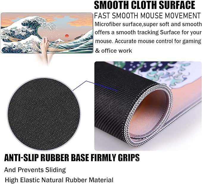 Japanese Large Mouse Pad,Desk Mat Large Office Desk Pad, Extended Large Mouse Mat for PC, Stitched Edges Gamer Mousepad 31.5 X 15.7 Inch Long Mice Pad, Sunset Sea