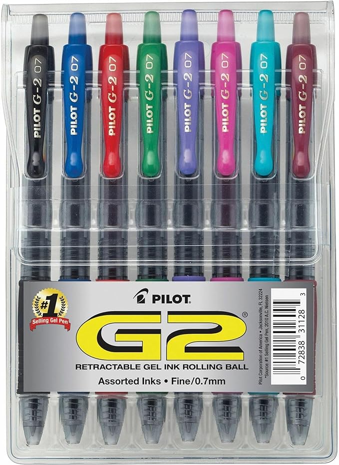 Pilot, G2 Premium Gel Roller Pens, Fine Point 0.7 mm, Assorted Colors, Pack of 8