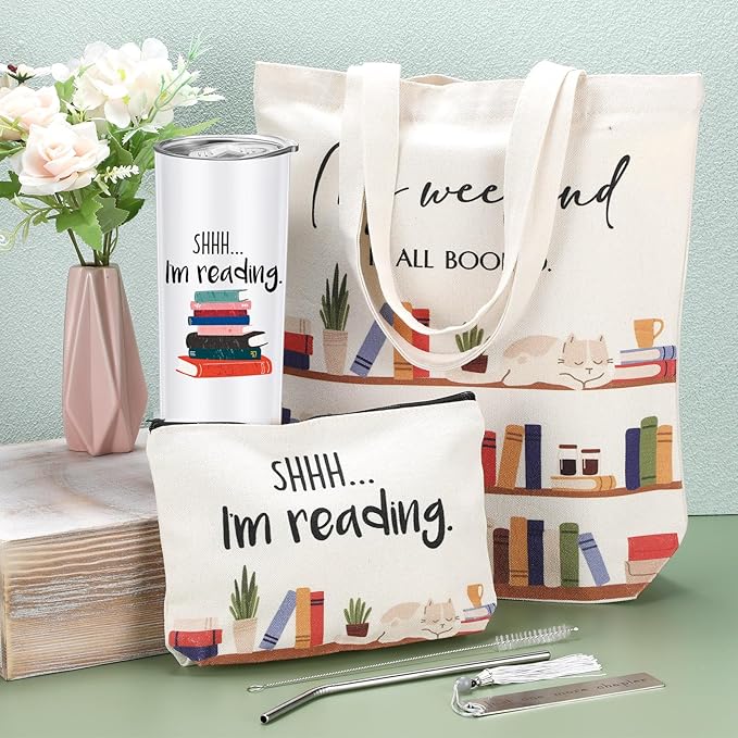 Silkfly 5 Pcs Book Lovers Gifts Set, Gifts for Book Lovers, Includes 20 oz Tumbler Socks Bookmark Tote Bag and Cosmetic Bag