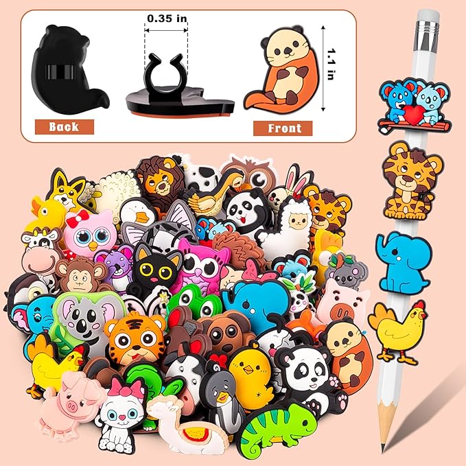 WDAHDHP Pencil Toppers Bulk for Kids, 50Pcs Cute Pencil Clip Topper Pencil Charms Classroom Prizes School Rewards for Students
