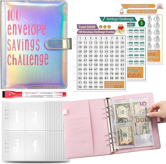 100 Envelopes Challenge Binder Savings Challenges Book, A5 Money Saving Planner Cash Envelope Budget Binder with Erasable Pen, Easy and Fun Way to Save $5,050, 10,000 and $500 (Dazzle Silver)