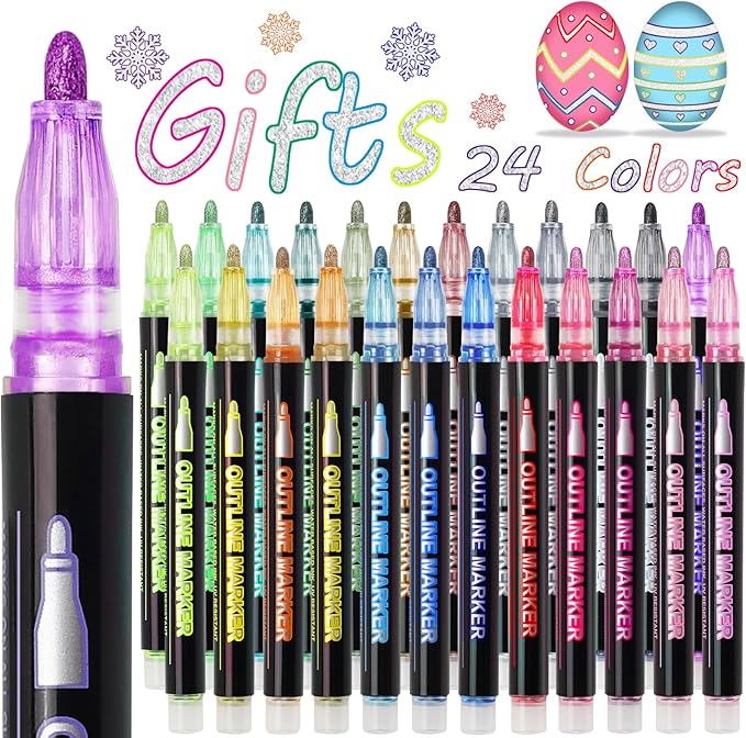 Shimmer Markers Doodle Outline Pens - Stocking Stuffers Kids Teen Tween Girls Ages 4 8 10 12 Year Old Gift Present 24 Colors Metallic Glitter Double Line Sparkle Set Art Craft Drawing Supplies Stuff