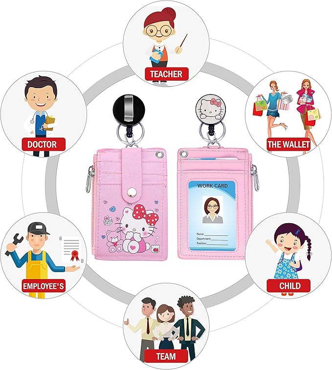 Cute ID Badge Holder Retractable Lanyard Reel Clip with Heavy Duty Carabiner,5 Card Slots in2 Sided with Key Ring and Zipper for Students Teens Boys Girls Office Staff Women (01 Pink CatA)