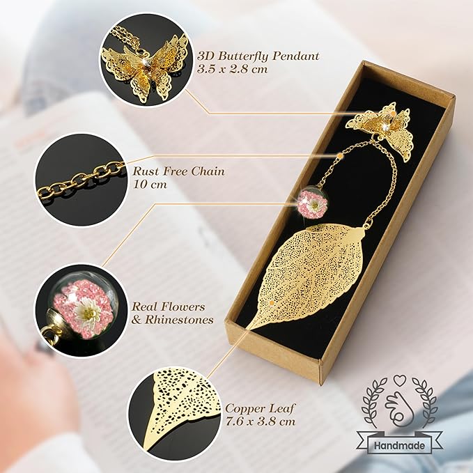 Bookmark with Gift Card,Golden Leaf Book Mark, Rose Flower Craft Gift Card Envelope, Gift for Family, Friend, Kid, Book Lovers sunflpw