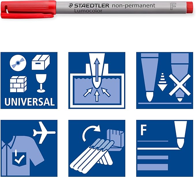 Staedtler Lumograph Non-Permanent Wet Erase Marker Pens, Fine Tip Refillable Colored Marker, Red, 315-2