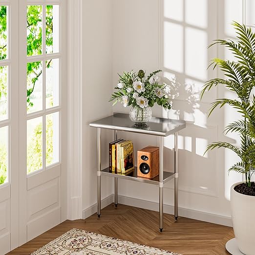 Stainless Steel Table 18 x 30 Inches Metal Prep Table with Backsplash & Adjustable Undershelf for Commercial Kitchen, Outdoor, Restaurant, Hotel & Garage