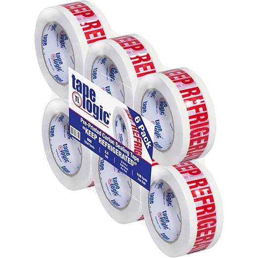 Aviditi Tape Logic 2 Inch x 110 Yard 2.2 Mil Red/White, Heavy Duty Packing Tape,"Keep Refrigerated" 6 Pack, Perfect for Packing, Shipping, Moving, Home and Office
