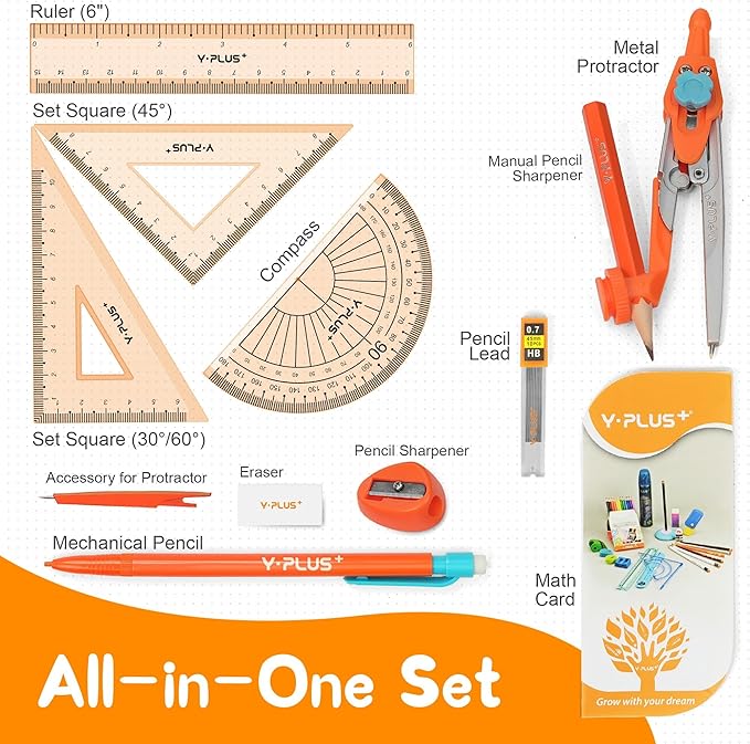 Geometry Set for Students, Math Protractor Compass with Rulers, Box of Protactor Kit for Class Supplies and School, Christmas Stocking Stuffers for Kids Toddler 12 Pcs