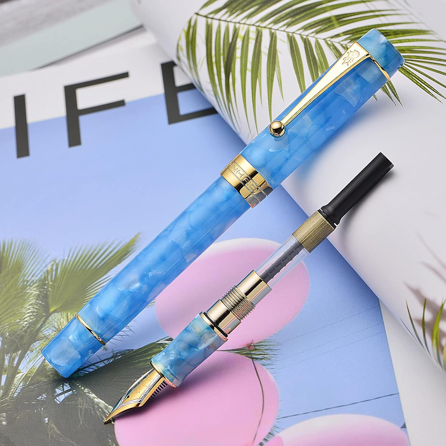 Jinhao 100 Fountain Pen Celluloid Classic Style, #6 Nib Smooth Writing Instrument with Refillable Converter and Pen Case Set