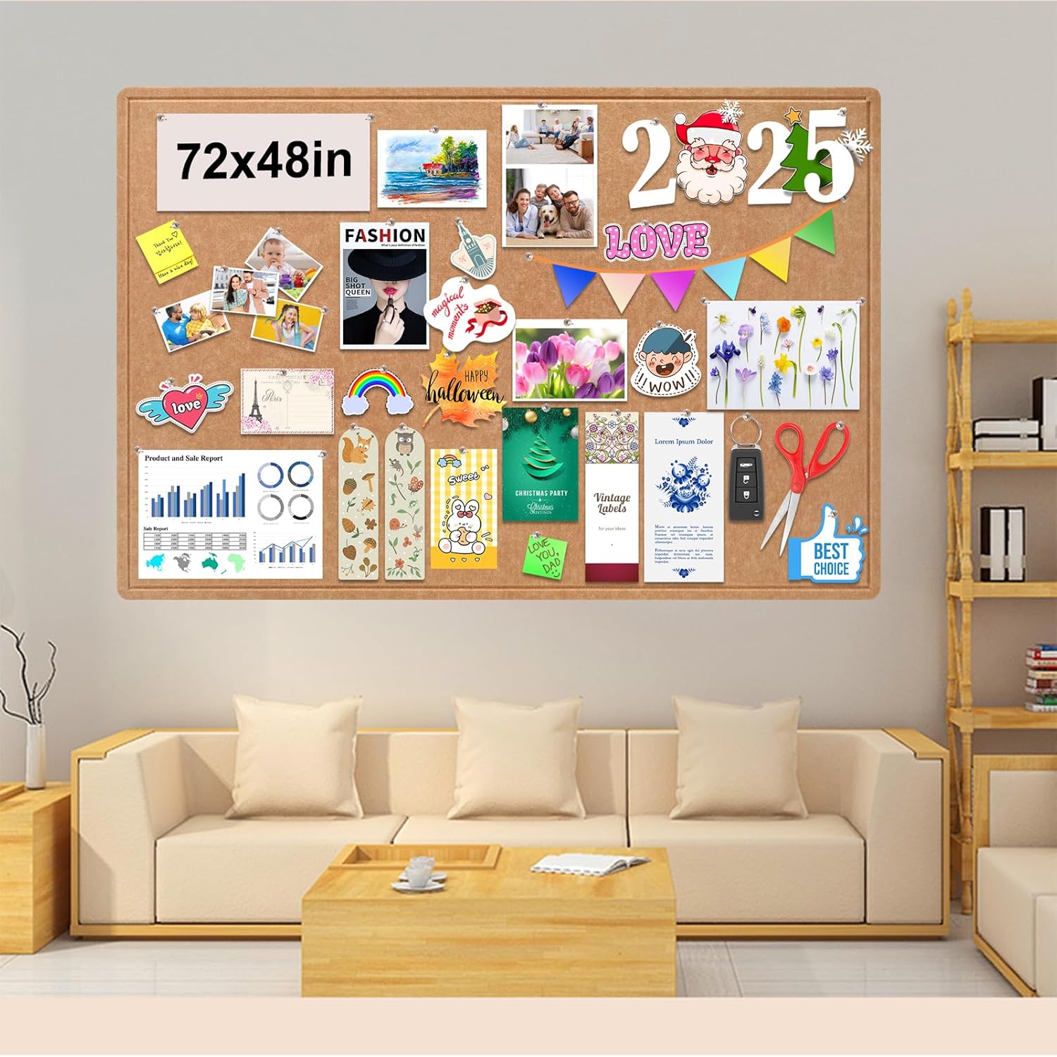 Large Bulletin Board, Foldable 72x48 Inches Cork Board Alternative, Large Felt Board Decorative Pin Board for Wall, Foldable Photo Board Self-Adhesive Vision Board with 36 Pushpins Brown