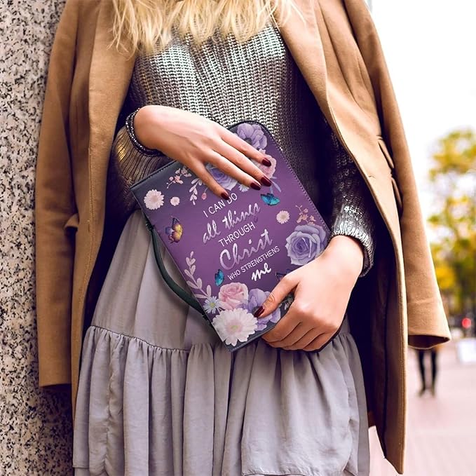Lotusorchid Flower Butterfly Bible Bags for Women, Portable Bible Cover Bags for Girls, Christian Bible Study Accessories,I Can Do All Things Through Christ Who Strengthens Me Bible Verse, M