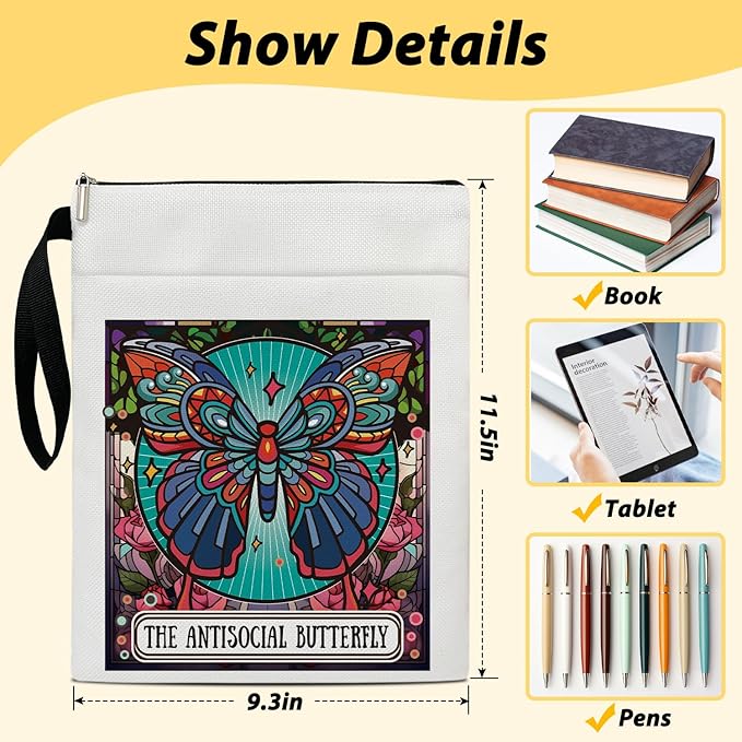 The Antisocial Butterfly - Butterfly Book Sleeve, Book Lovers Gifts Book Pouch Book Sleeve with Zipper and Front Pocket Reader Gifts Birthday Gifts for Adult Teen Teacher -08