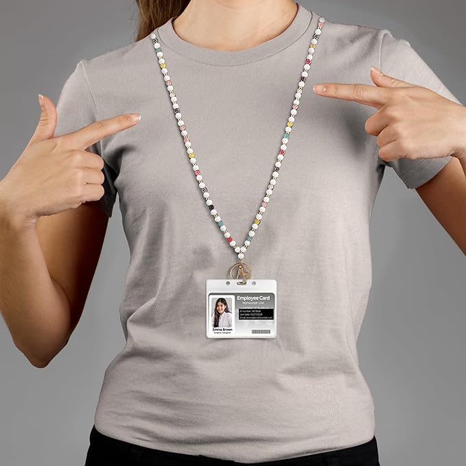 Smile Teacher Lanyard for Women ID Badges and Keychain Cute Happy Wood and Metal Beaded Lanyard Badge Holder