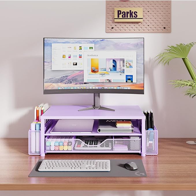 Desk Organizers and Accessories, 2-Tier Computer Monitor Stand for Desk Organizer with Drawer and 2 Pen Holders, Office Desk Accessories Workspace Desktop Organizers for Office Supplies, Purple