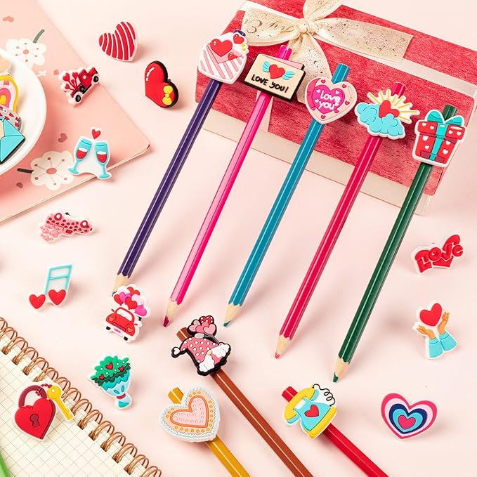 WDAHDHP Valentine's Day Pencil Clips for Kids, 50Pcs Different Pencil Clips Topper, Cute Pencil Charms for Kids Students School Gifts Classroom Rewards
