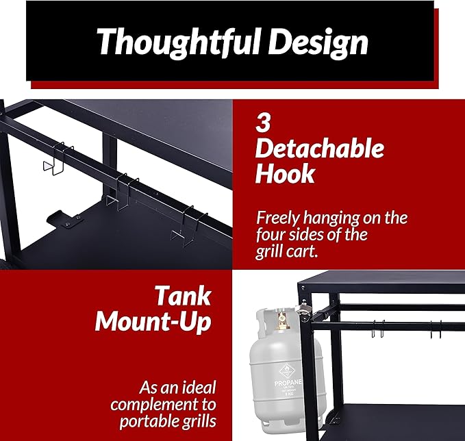 Elevon Dining Cart Table with Double-Shelf, Movable Steel Flattop Worktable, Hooks, Side Handle, Multifunctional