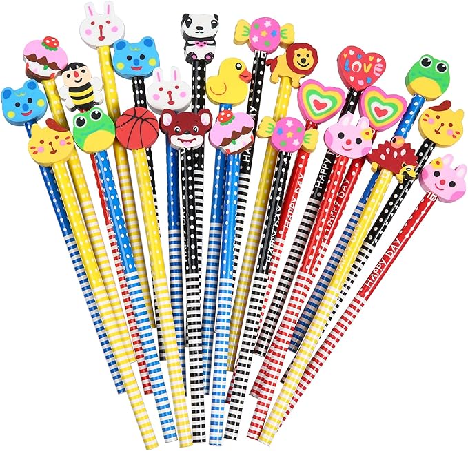 28PCS Pencils with Fruit Animal Top Eraser for Kids,Pencils with Assorted Cartoon Color Stripe Erasers Topper for Kids School Supplies and Children Prize Gifts (28)