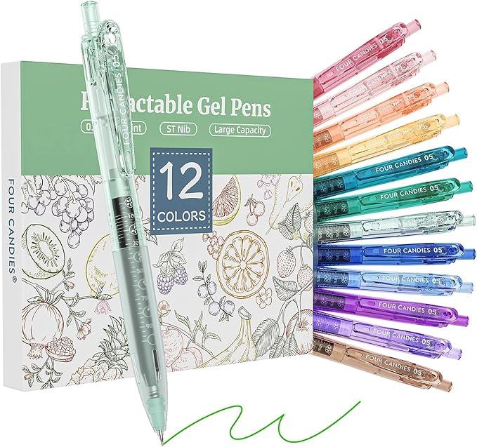 Four Candies 12Pack 0.5mm Quick Dry Retractable Gel Pen Set, Cute Transparent Fine Point Multicolor Note Taking Aesthetic lnk Pens, Comfort Grip 12 Ink Colors Drawing Writing School Office Home
