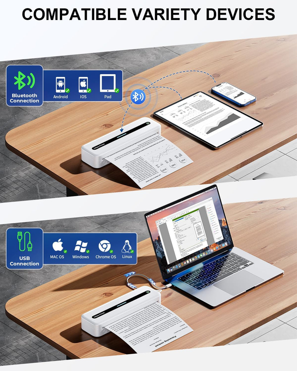 COLORWING M832 Portable Printers Wireless for Travel, 300DPI Mini Compact Inkless Printer, Thermal Bluetooth Printer Compatible with Android and iOS Smartphone & Tablet & Laptop - White