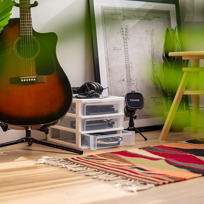 IRIS USA Plastic Stacking Desk Top 3-Drawer Storage Organizer, 2-Pack, for Makep Vanity Nail Polish Bathroom Stationery Art Craft Supplies Kitchen Office Garage and Small Organization, Medium, White