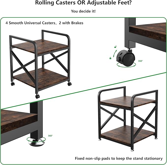 Ollieroo 2 Tier Printer Stand with Storage Shelf, Printer Table with Height Adjustable Top Shelf, Under Desk Storage Printer Cart for Paper Shredder Scanner, 3D Printer Stand for Home Office(Vintage)