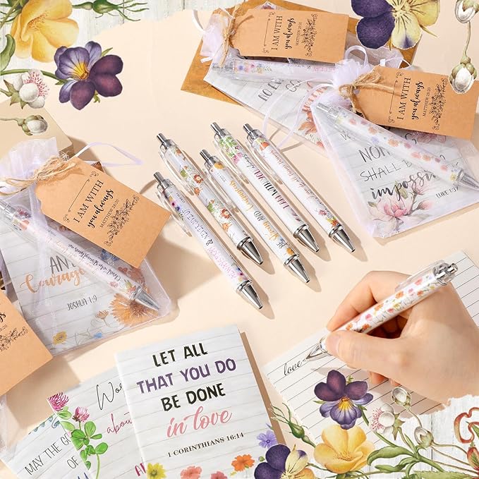 200 Pcs Bible Verse Sets Church Christian Gift Include 50 Scripture Notebooks 50 Bible Bamboo Pens 50 Thanks Tags 50 Organza Bags for Women Man Christian Party Gifts(White,Floral)