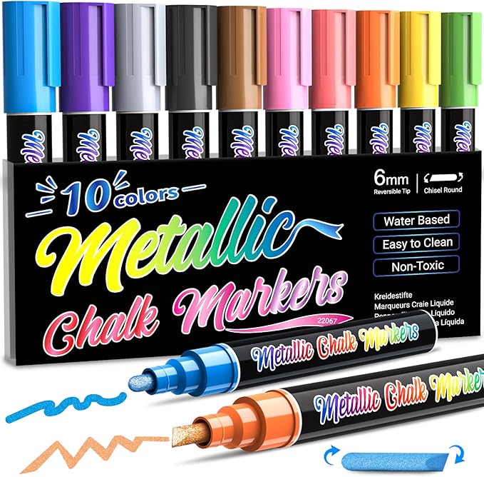 Metallic Liquid Chalk Markers for Chalkboard -10 Colors Wet Erase Window Marker Pens with 6mm Reversible Bullet & Chisel Tip for Glass, Calendar Boards, Car Decorations, Auto, Bistro, Mirror, Business