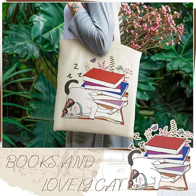 Sweetude 8 Pack Christmas Book Club Gifts Book Lovers Tote Bag Bulk Bookish Canvas bag Librarian Readers Gifts for Women(Cat)